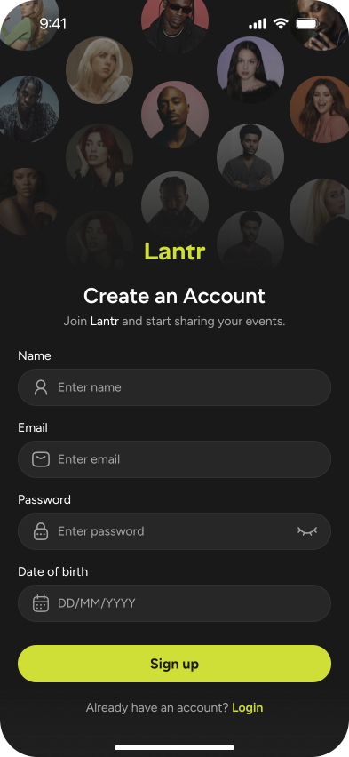 Lantr app — create an account